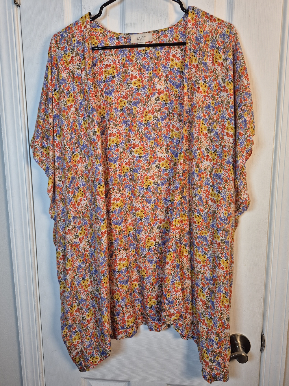 LOFT Outlet 100% Modal Ditsy Floral Open-Front Kimono in Yellow, Blue & Red XS/S